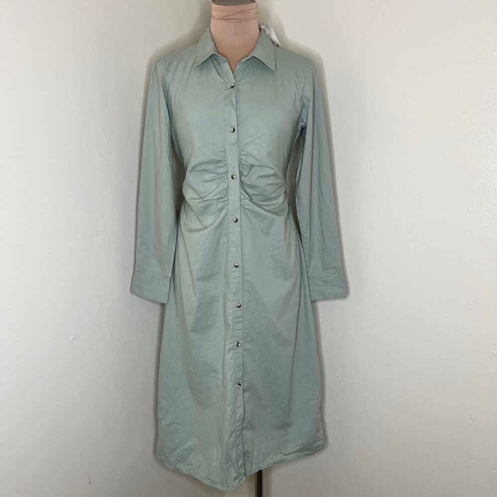 Sim & Sam Shirt Dress Medium Womens Sage Green Midi Long Sleeve A-Line Cotton